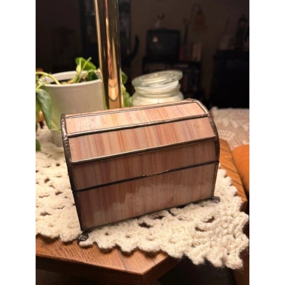 Vintage Handmade Pink Stained Glass Jewelry Box